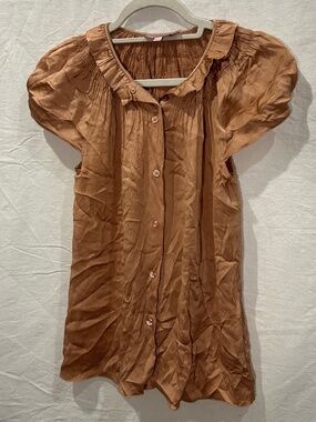 calypso 100% silk copper ruffle trim short sleeve top XS